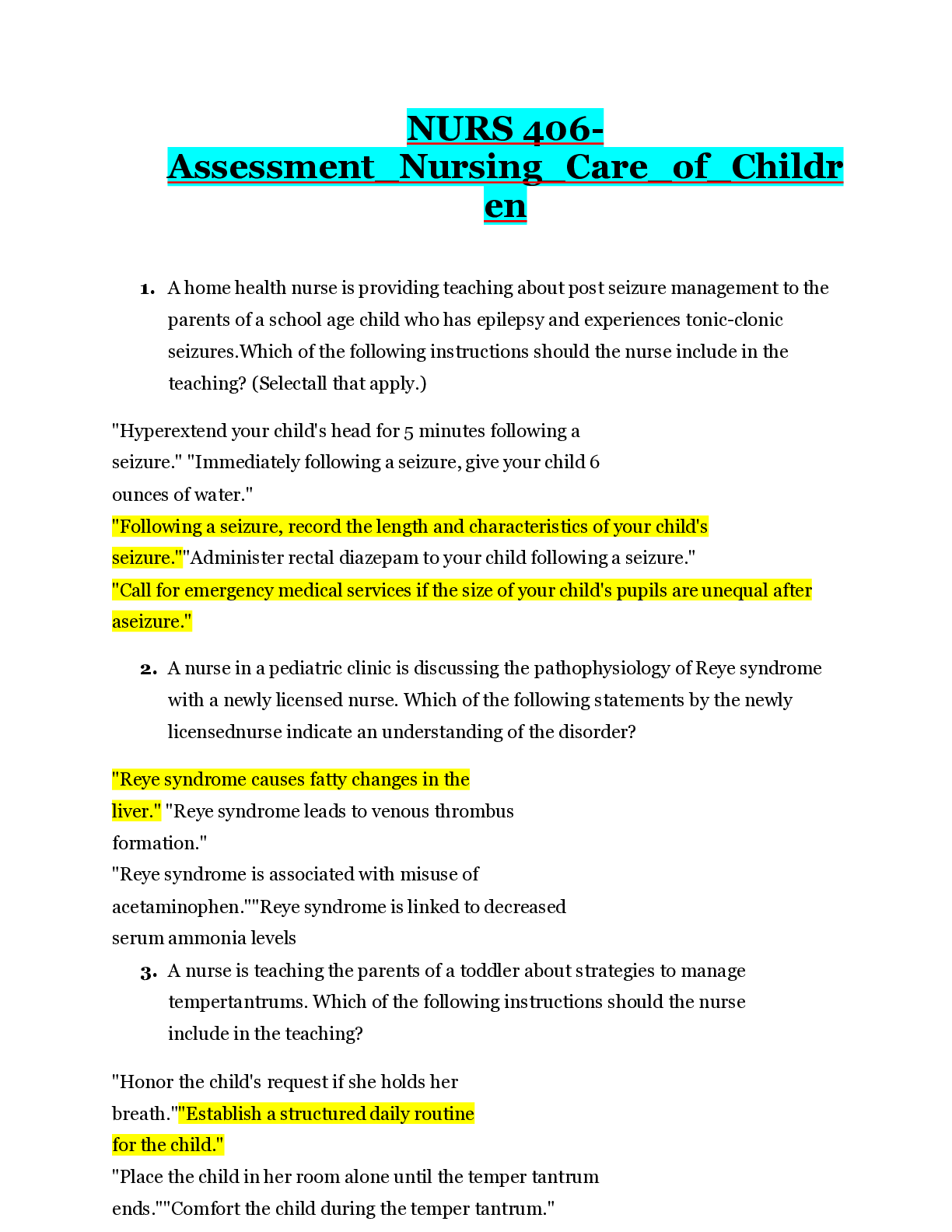 Preview of NURS 406- Assessment Quiz Nursing Care of Children.pdf